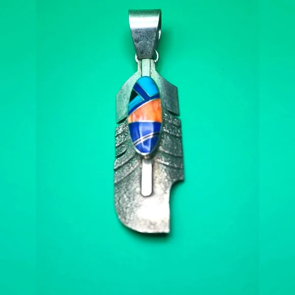 G. Howe Navajo Sterling Feather Pendant with Multi-stone Inlay - Picture 1 of 6